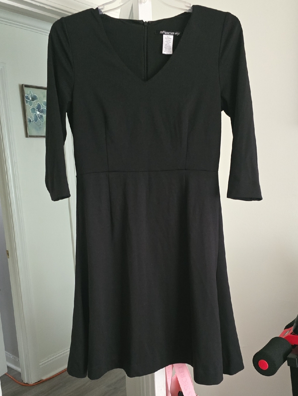 Shape FX Black V-Neck Women's Dress with 3/4 Sleeves